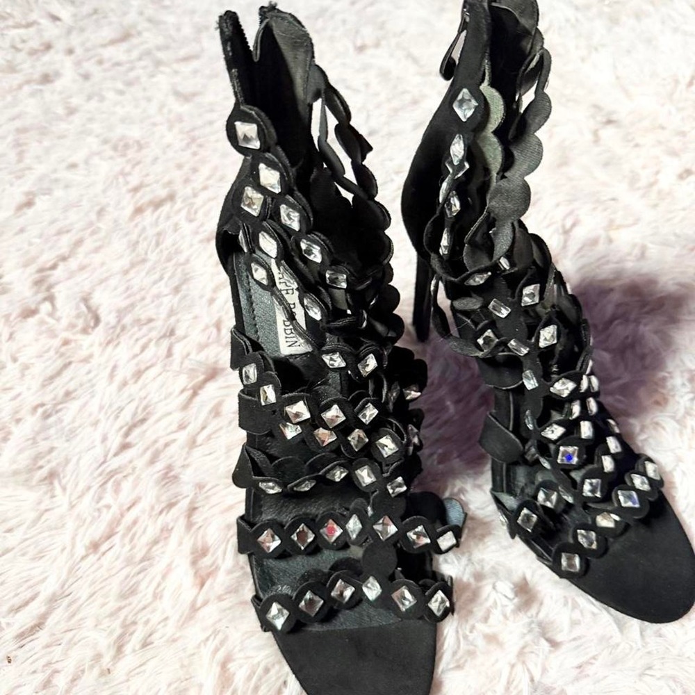 Black Glam Urban Streetwear Rhinestone Scalloped Strap Stilettos Womens 6.5 Dark